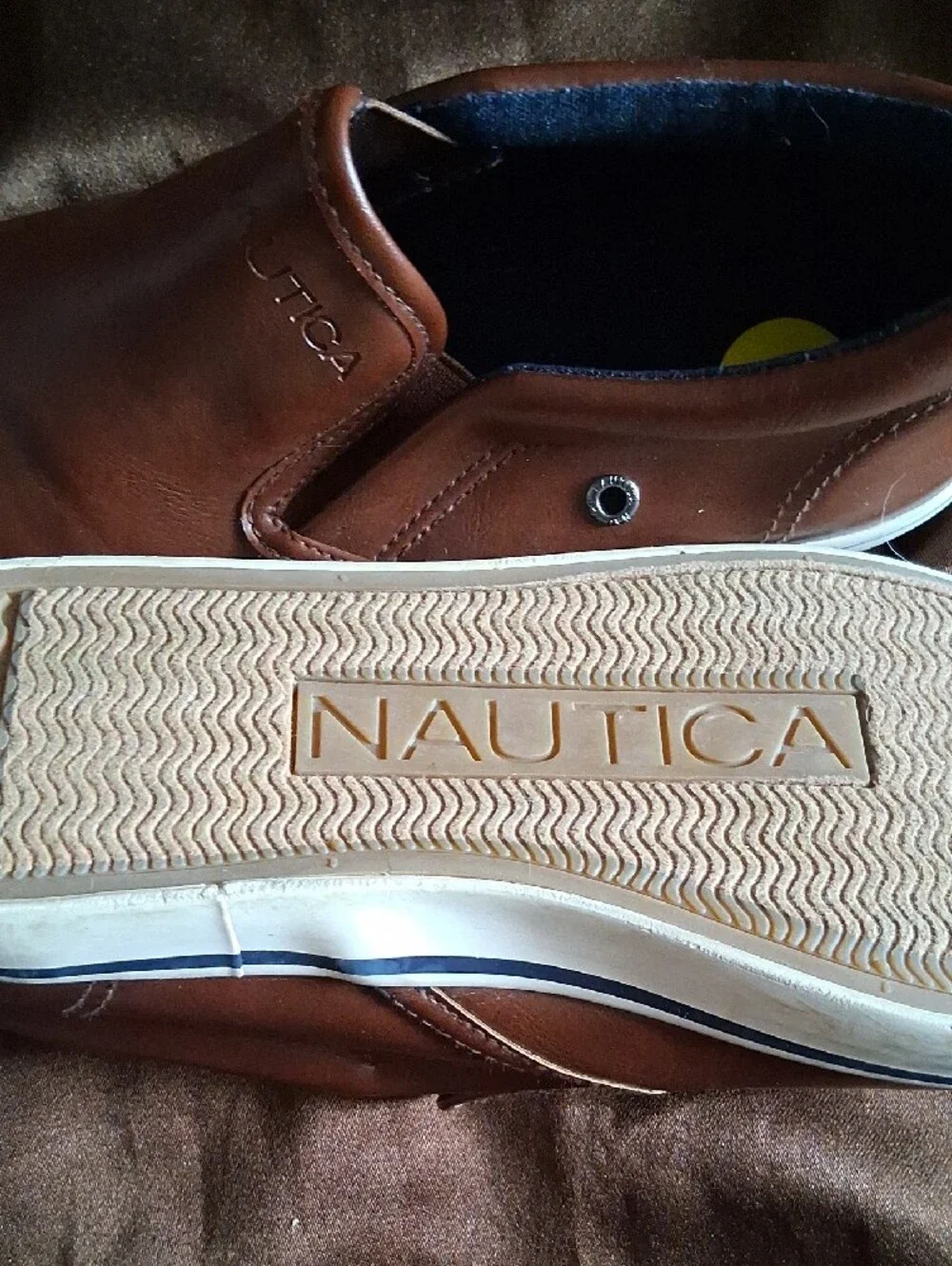 Nautica Men’s Brown Leather-Look Slip-On Sneakers with Navy Trim